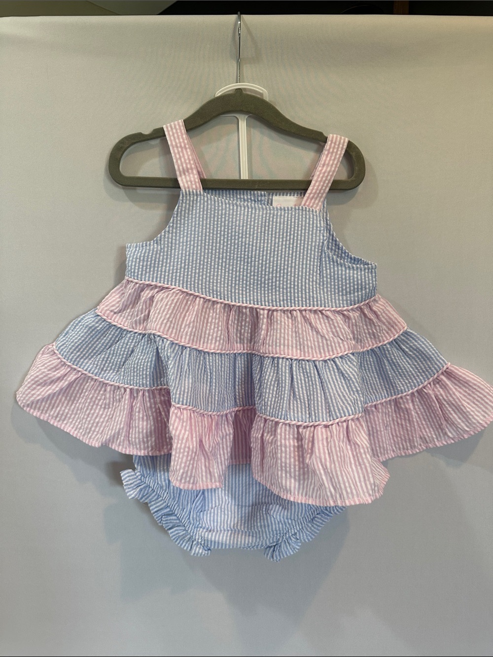Pink and Blue Ruffle Toddler Dress with Bloomers with matching bow